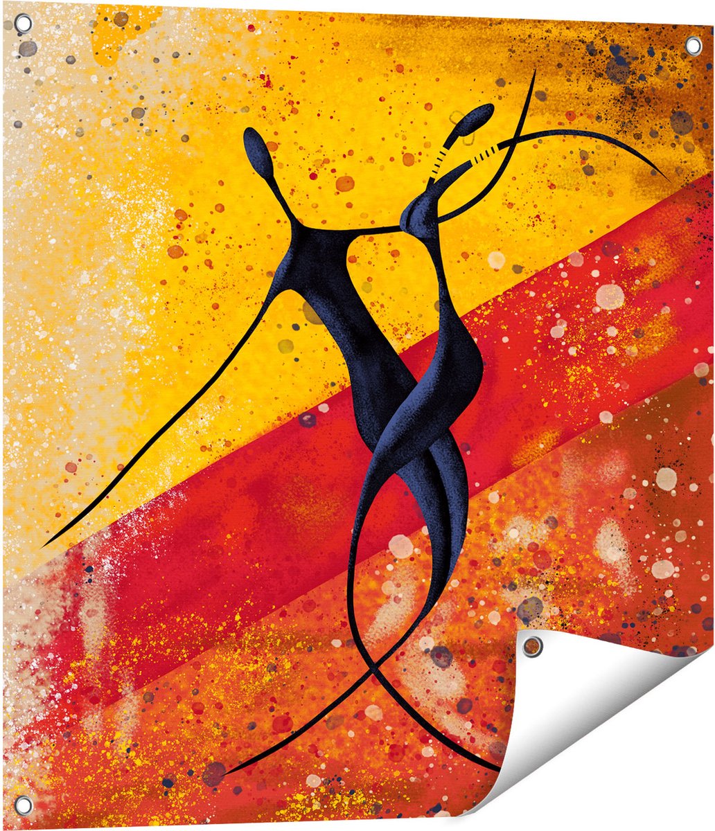 Gards Tuinposter Abstracte Kunst - Dansend Afrikaans Paar - 70x70 cm - Tuindoek - Tuindecoratie - Wanddecoratie buiten - Tuinschilderij Multikleur