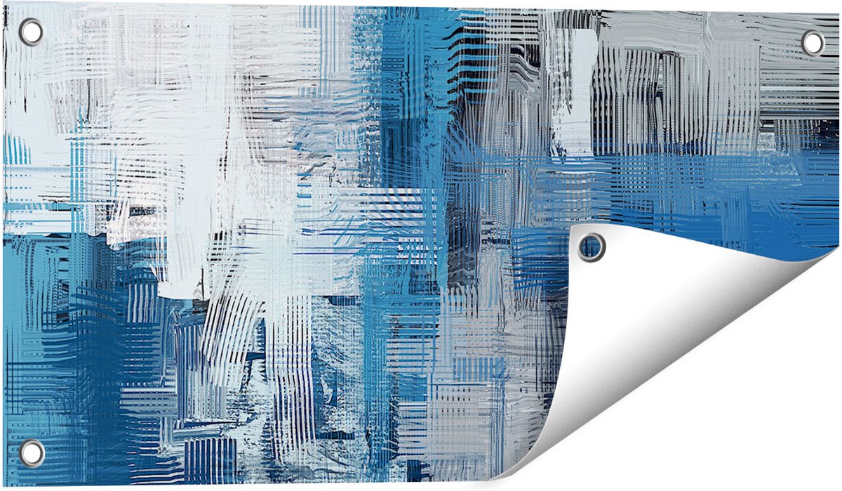 Gards Tuinposter Abstracte Kunst - Blauw Witte Penseelstreken - 60x30 cm - Tuindoek - Tuindecoratie - Wanddecoratie buiten - Tuinschilderij Multikleur