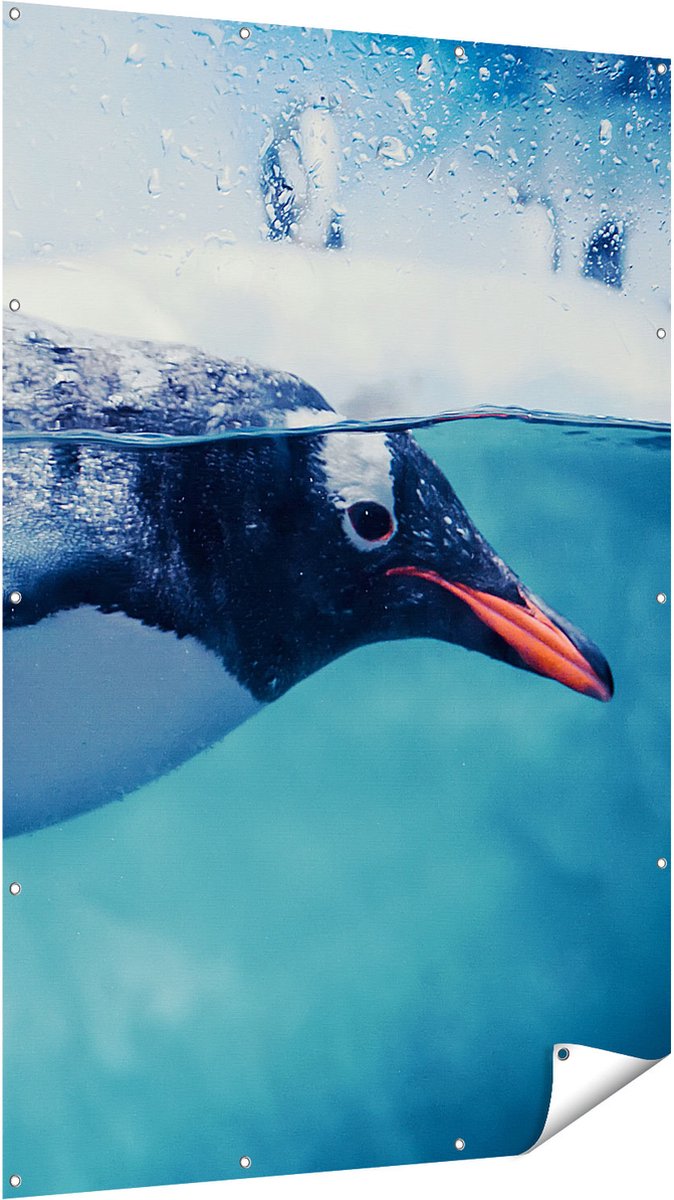 Gards Tuinposter Pingu�n Zwemt in het Water - 120x180 cm - Tuindoek - Tuindecoratie - Wanddecoratie buiten - Tuinschilderij Multikleur