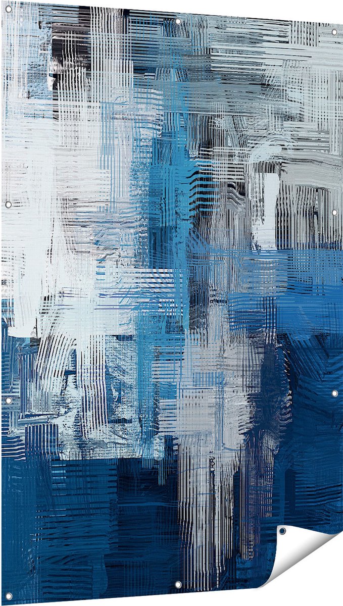 Gards Tuinposter Abstracte Kunst - Blauw Witte Penseelstreken - 100x150 cm - Tuindoek - Tuindecoratie - Wanddecoratie buiten - Tuinschilderij Multikleur