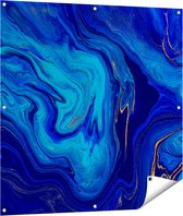 Gards Tuinposter Abstracte Kunst - Blauw met Gouden Verf - 100x100 cm - Tuindoek - Tuindecoratie - Wanddecoratie buiten - Tuinschilderij