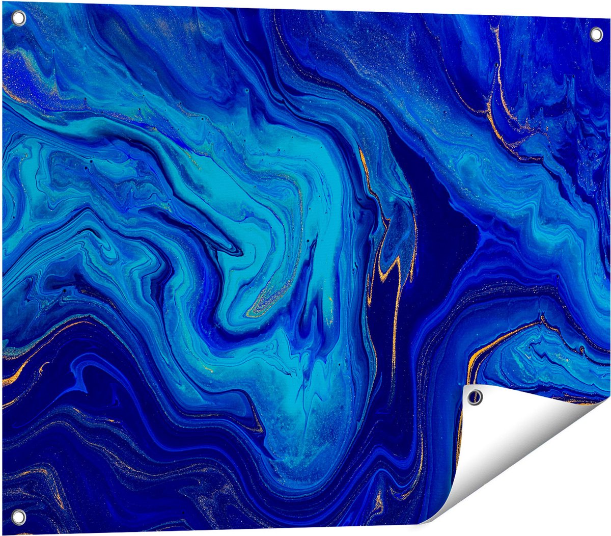 Gards Tuinposter Abstracte Kunst - Blauw met Gouden Verf - 80x60 cm - Tuindoek - Tuindecoratie - Wanddecoratie buiten - Tuinschilderij Multikleur