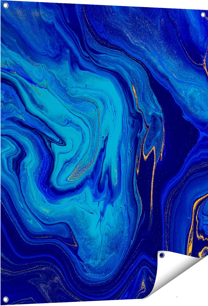 Gards Tuinposter Abstracte Kunst - Blauw met Gouden Verf - 80x100 cm - Tuindoek - Tuindecoratie - Wanddecoratie buiten - Tuinschilderij Multikleur