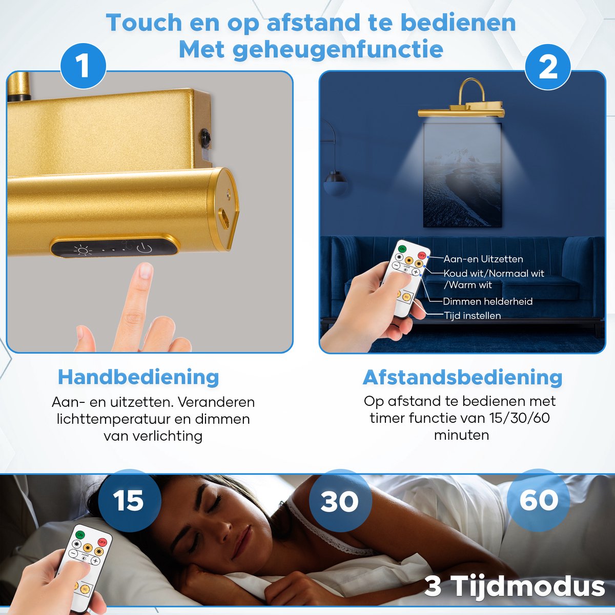OUTON Beeldverlichting 40cm Draadloos Oplaadbaar met Afstandsbediening Touch, LED Accu Wandlamp voor Kunstverlichting, Dimbaar 3-Kleur, 4000mAh Oplaadbaar USB-C, Wandlamp Schilderijen Spiegels – Goud