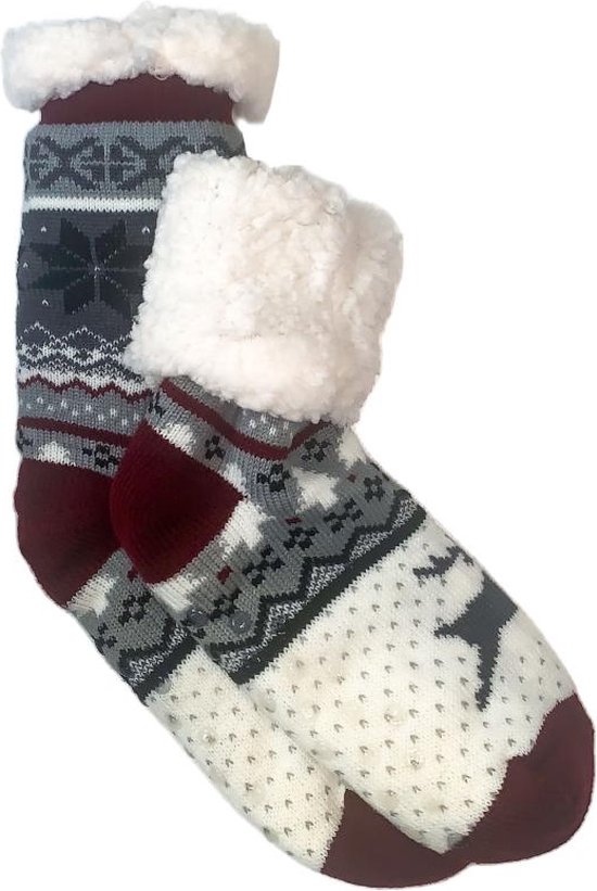 Merino schapen Wollen sokken - Rood Zwart met Sneeuwvlok/Rendier - maat 39/42 - Huissokken - Antislip sokken - Warme sokken – Winter sokken