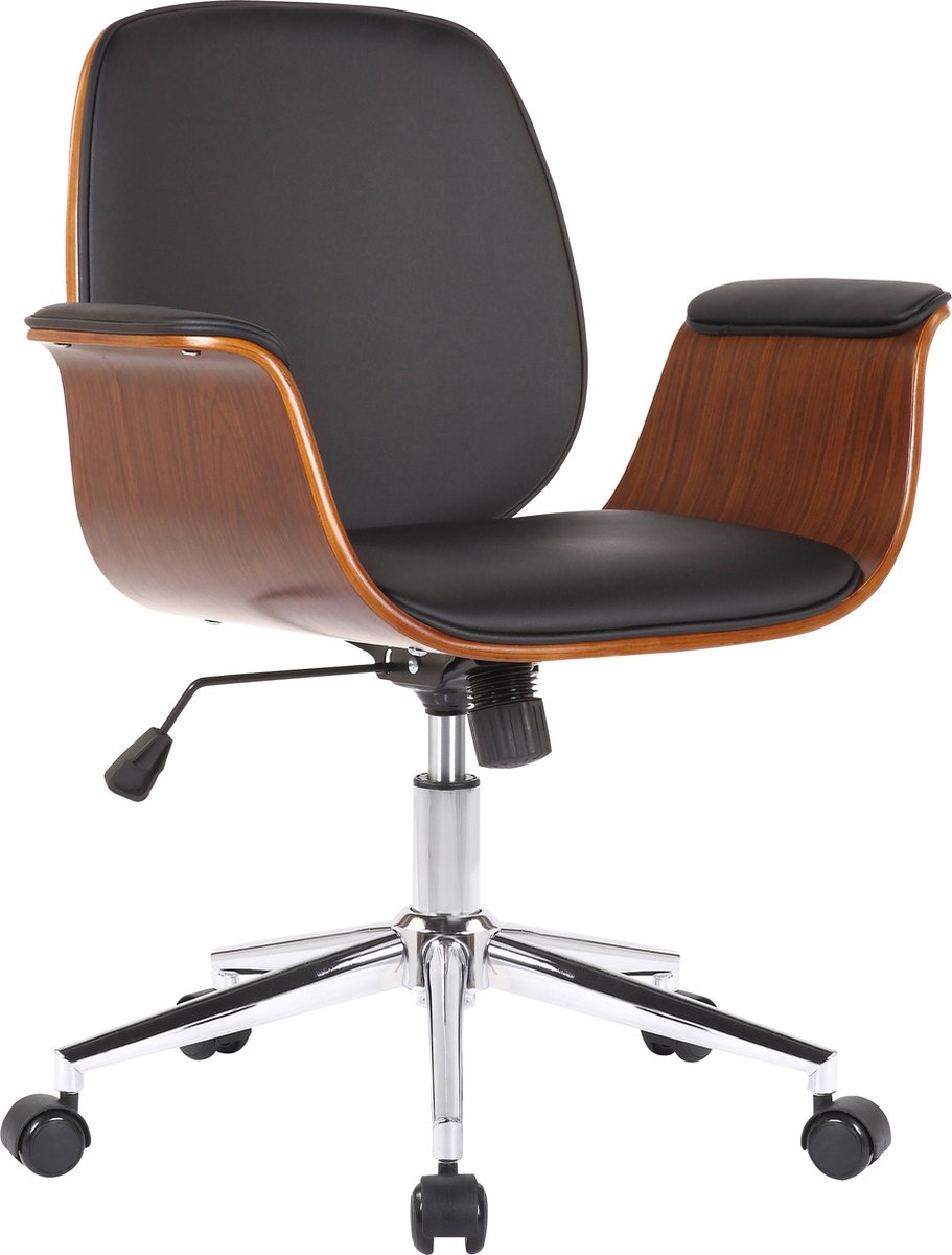 Design Bureaustoel Denisse - Zwart - Bruin hout - kunstleer - in hoogte verstelbaar - 44x45x90cm