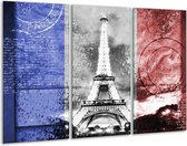 Glasschilderij Parijs, Eiffeltoren - Grijs, Rood, Blauw - 120x80cm 3Luik - Foto Op Glas - Geen Acrylglas Schilderij - GroepArt 6000+ Glas Art Collectie - Maatwerk Mogelijk