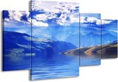 GroepArt - Schilderij -  Bergen - Blauw, Wit, Grijs - 160x90cm 4Luik - Schilderij Op Canvas - Foto Op Canvas