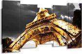 GroepArt - Canvas Schilderij - Eiffeltoren - Geel, Zwart, Grijs - 150x80cm 5Luik- Groot Collectie Schilderijen Op Canvas En Wanddecoraties