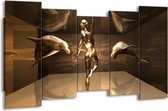 GroepArt - Canvas Schilderij - Dolfijn - Goud, Bruin, Zilver - 150x80cm 5Luik- Groot Collectie Schilderijen Op Canvas En Wanddecoraties