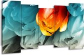GroepArt - Canvas Schilderij - Tulp - Oranje, Rood, Blauw - 150x80cm 5Luik- Groot Collectie Schilderijen Op Canvas En Wanddecoraties