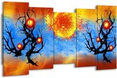 GroepArt - Canvas Schilderij - Art - Blauw, Oranje, Zwart - 150x80cm 5Luik- Groot Collectie Schilderijen Op Canvas En Wanddecoraties