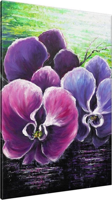 Schilderij - Orchidee - Paars , Roze , Groen - 70x120cm 1Luik - GroepArt - Handgeschilderd Schilderij - Canvas Schilderij - Wanddecoratie - Woonkamer - Slaapkamer - Geschilderd Door Onze Kunstenaars 2000+Collectie Maatwerk Mogelijk