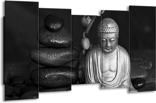 GroepArt - Canvas Schilderij - Boeddha, Stenen - Zwart, Wit, Grijs - 150x80cm 5Luik- Groot Collectie Schilderijen Op Canvas En Wanddecoraties