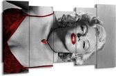 GroepArt - Canvas Schilderij - Marilyn Monroe - Grijs, Zwart, Rood - 150x80cm 5Luik- Groot Collectie Schilderijen Op Canvas En Wanddecoraties