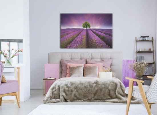GroepArt® Glasschilderij-Lavendel-Lavendelveld-Paars,Groen-100x70cm