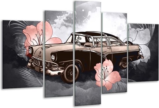 Foto: Glasschilderij oldtimer auto grijs bruin roze 170x100cm 5luik foto op glas geen acrylglas schilderij 6000 glasschilderijen collectie wanddecoratie