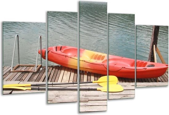 Glasschilderij Boot, Water - Geel, Oranje, Grijs - 170x100cm 5Luik - Foto Op Glas - Geen Acrylglas Schilderij - 6000+ Glasschilderijen Collectie - Wanddecoratie