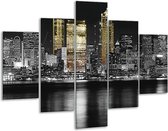 Glasschilderij -  New York - Zwart, Wit, Geel - 100x70cm 5Luik - Geen Acrylglas Schilderij - GroepArt 6000+ Glasschilderijen Collectie - Wanddecoratie- Foto Op Glas