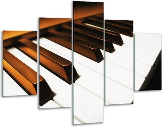 Glasschilderij -  Piano - Bruin, Zwart, Wit - 100x70cm 5Luik - Geen Acrylglas Schilderij - GroepArt 6000+ Glasschilderijen Collectie - Wanddecoratie- Foto Op Glas