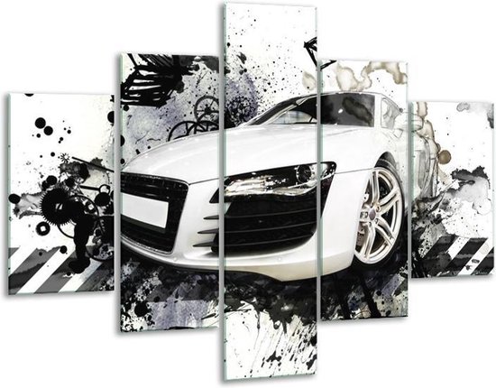 Glasschilderij -  Audi - Wit, Zwart, Grijs - 100x70cm 5Luik - Geen Acrylglas Schilderij - GroepArt 6000+ Glasschilderijen Collectie - Wanddecoratie- Foto Op Glas