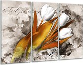 GroepArt - Schilderij -  Tulpen - Grijs, Wit, Bruin - 120x80cm 3Luik - 6000+ Schilderijen 0p Canvas Art Collectie