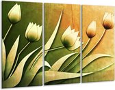 GroepArt - Schilderij -  Tulp - Groen, Geel, Wit - 120x80cm 3Luik - 6000+ Schilderijen 0p Canvas Art Collectie