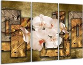 GroepArt - Schilderij -  Orchidee - Bruin, Crème - 120x80cm 3Luik - 6000+ Schilderijen 0p Canvas Art Collectie