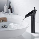 Robinet Moderne avec Bec Cascade - Zwart Mat - Design Moderne - Mitigeur Water Chaude et Froide - Salle de Bain - Toilettes - Messing et Céramique