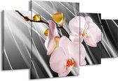GroepArt - Schilderij -  Orchidee - Grijs, Roze, Wit - 160x90cm 4Luik - Schilderij Op Canvas - Foto Op Canvas