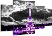 GroepArt - Schilderij -  Eiffeltoren - Grijs, Paars, Zwart - 160x90cm 4Luik - Schilderij Op Canvas - Foto Op Canvas