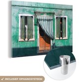 MuchoWow® Glasschilderij 60x40 cm - Schilderij acrylglas - Architectuur - Groen - Deur - Huis - Luiken - Foto op glas - Schilderijen