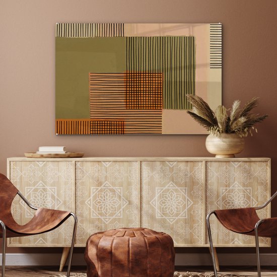 MuchoWow® Peinture sur verre 90x60 cm - Peinture sur verre - Abstrait - Lignes - Cube - Patchwork - Photo sur verre acrylique - Peintures