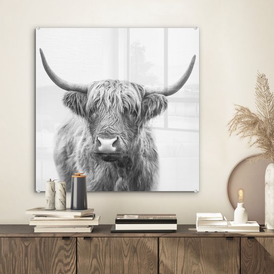 MuchoWow® Peinture sur verre 50x50 cm - Peinture sur verre - Highlander écossais - Animaux - Cornes - Zwart et blanc - Photo sur verre acrylique - Peintures