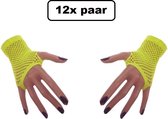 12x Paar Nethandschoen vingerloos kort fluor geel - Thema feest festival party fun themafeest