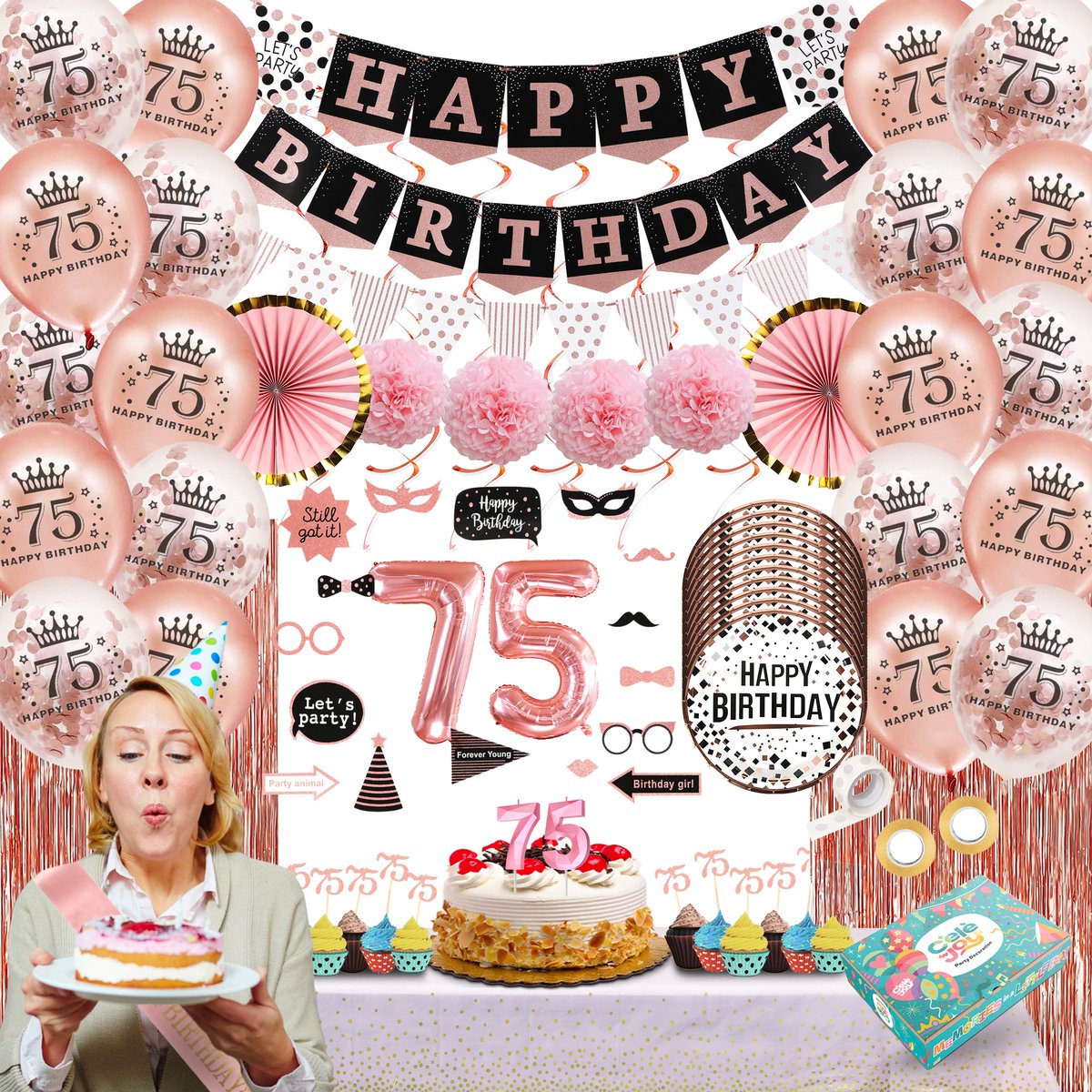 75 Jaar Verjaardag Versiering Rose Goud - 92-Delig Feestpakket Vrouw - Ballonnen Slingers Cijferballon Slinger Gordijn - Verjaardag Decoratie Set - Celejoy