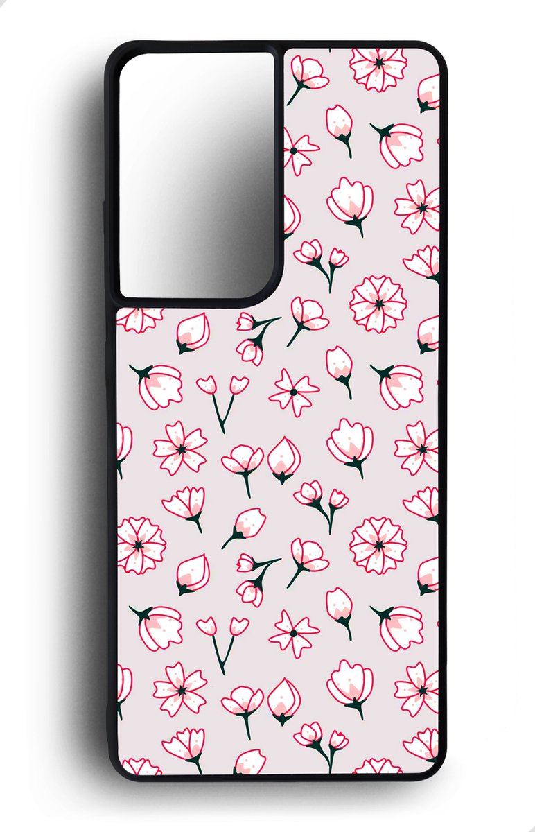 Ako Design Samsung Galaxy S21 Ultra hoesje - Bloemen patroon - roze - Hoogglans - TPU Rubber telefoonhoesje - hard backcover