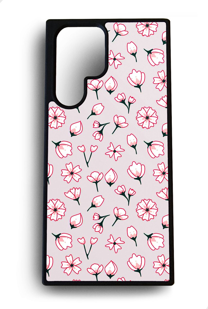 Ako Design Samsung Galaxy S22 Ultra hoesje - Bloemen patroon - roze - Hoogglans - TPU Rubber telefoonhoesje - hard backcover