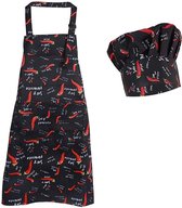 Unisex kookschort met kookmuts verstelbaar chili-patroon schort met bakkershoed keukenschort voor keuken, bakken, knutselen, grtners en grillen (rood en zwart)