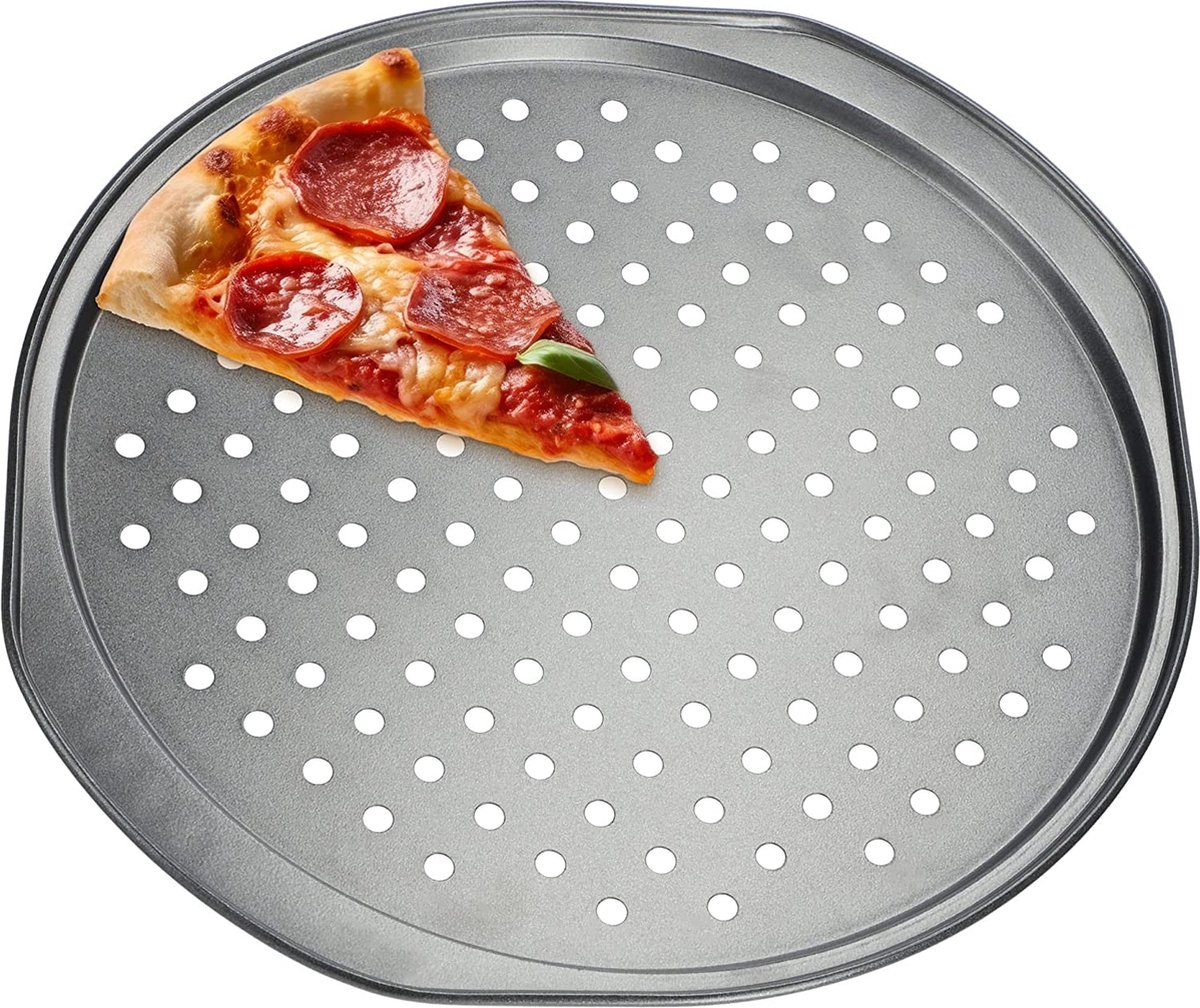 Pizzaform van antiaanbaklaag, pizzaplaat met comfortabele handgrepen, bakplaat, cirkelvormige geperforeerde pizzapan, pizza-bakplaat (⌀ 33 cm)