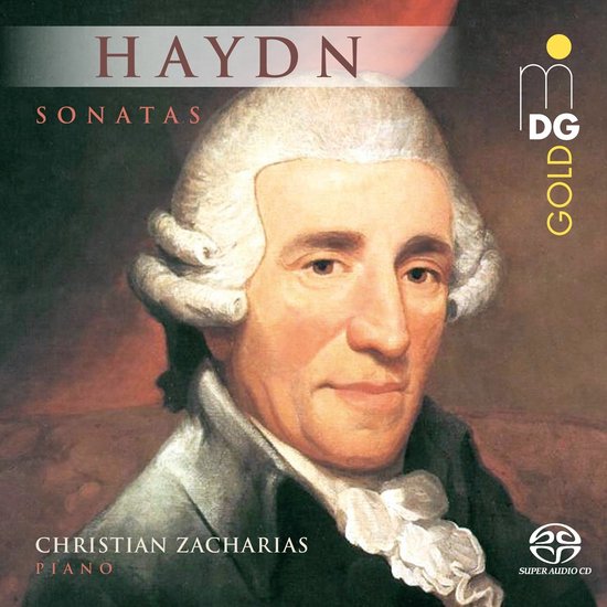 Portret van Joseph Haydn met witte pruik, inscriptie "HAYDN SONATAS CHRISTIAAN ZACHARIAS PIANO" en "DG GOLD SUPER AUDIO CD".