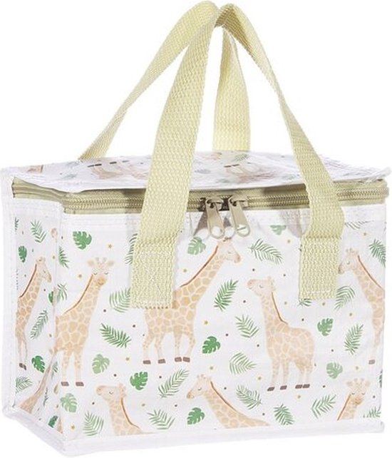 Witte koeltas met een all-over print van giraffen en groene bladeren, met twee beige handvatten.