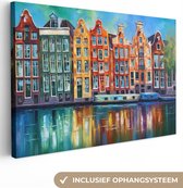 Canvas schilderij - Amsterdam - Olieverf - Kunst - Gracht - Architectuur - Canvasdoek - Schilderijen op canvas - Woonkamer decoratie - Slaapkamer - Kamer decoratie - Foto op canvas - 30x20 cm - Canvas doek
