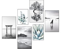 Moderne poster set - foto's woonkamer decoratie slaapkamer - beach palm Zwart wit fotowand zonder lijst (4x A3 | 2x A4) W15