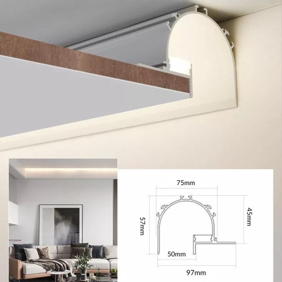 Wit aluminium profiel 2m afgerond voor enkele LED lint voor vals plafond - Kunststof - Zilver - SILUMEN