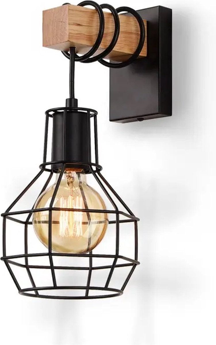 Lampen district® - industriële wandlamp - Landelijke Wandlamp - zwarte - houten wandlamp - bedlamp - E27 fitting - excl. lichtbron