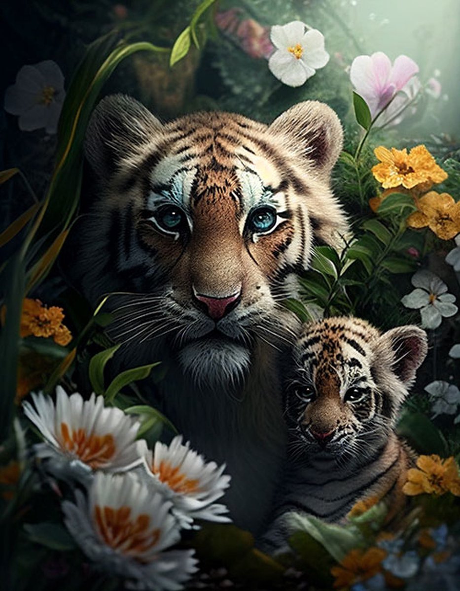 AI - Woondecoratie - Poster - Dieren - Tijger - Welp - Bloemen en jungle - 23 - 70 x 100 cm