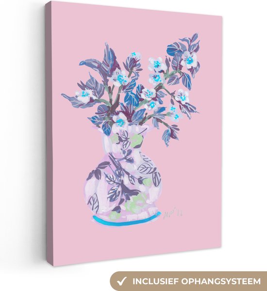 Canvas Schilderij Bloemen - Vaas - Roze - Planten - 30x40 cm - Wanddecoratie