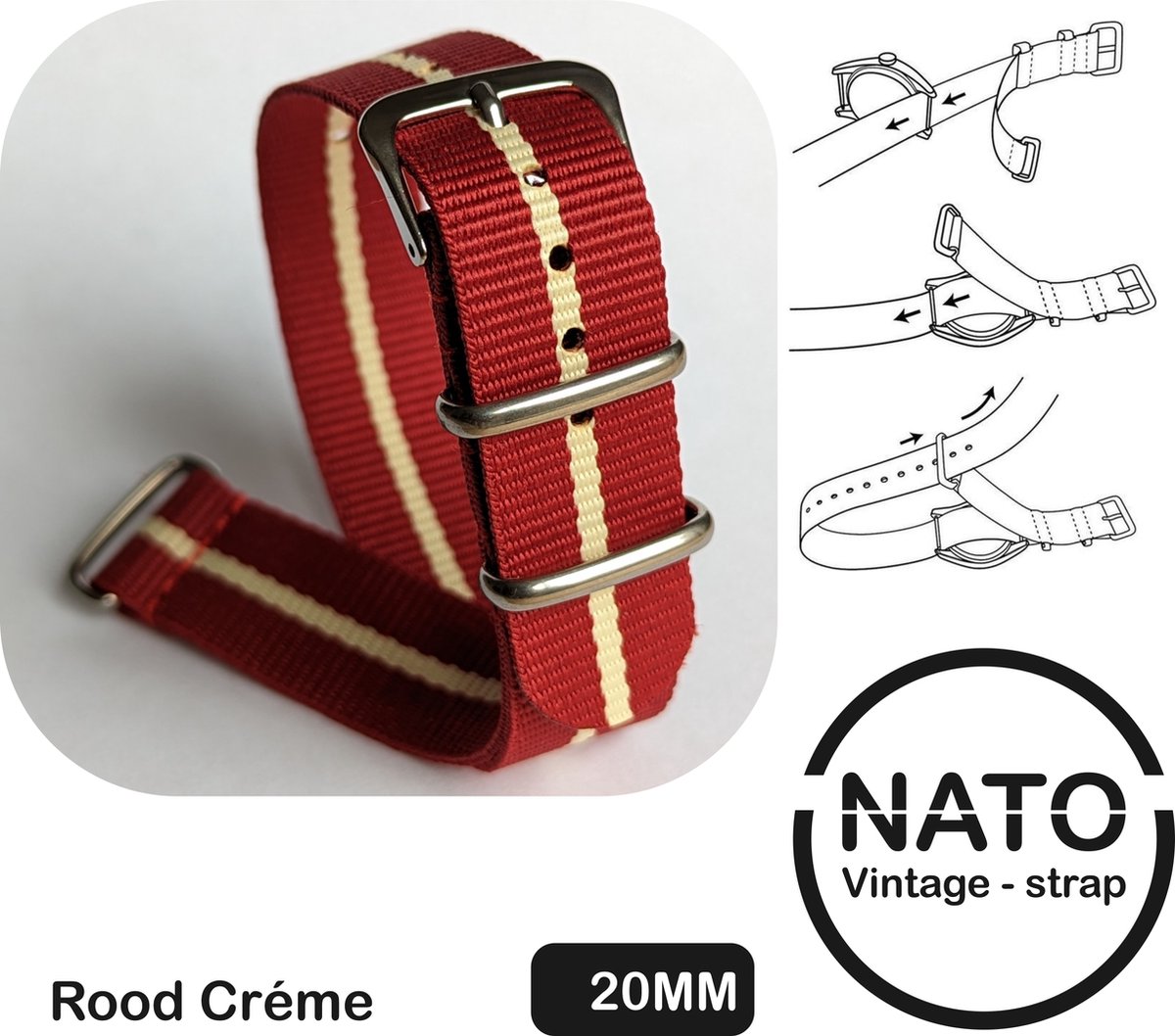 20mm Nato Strap Rood met Créme streep in midden - Vintage James Bond - Nato Strap collectie - Mannen - Horlogebanden - Red - 20 mm bandbreedte voor oa. Seiko Rolex Omega Casio en Citizen