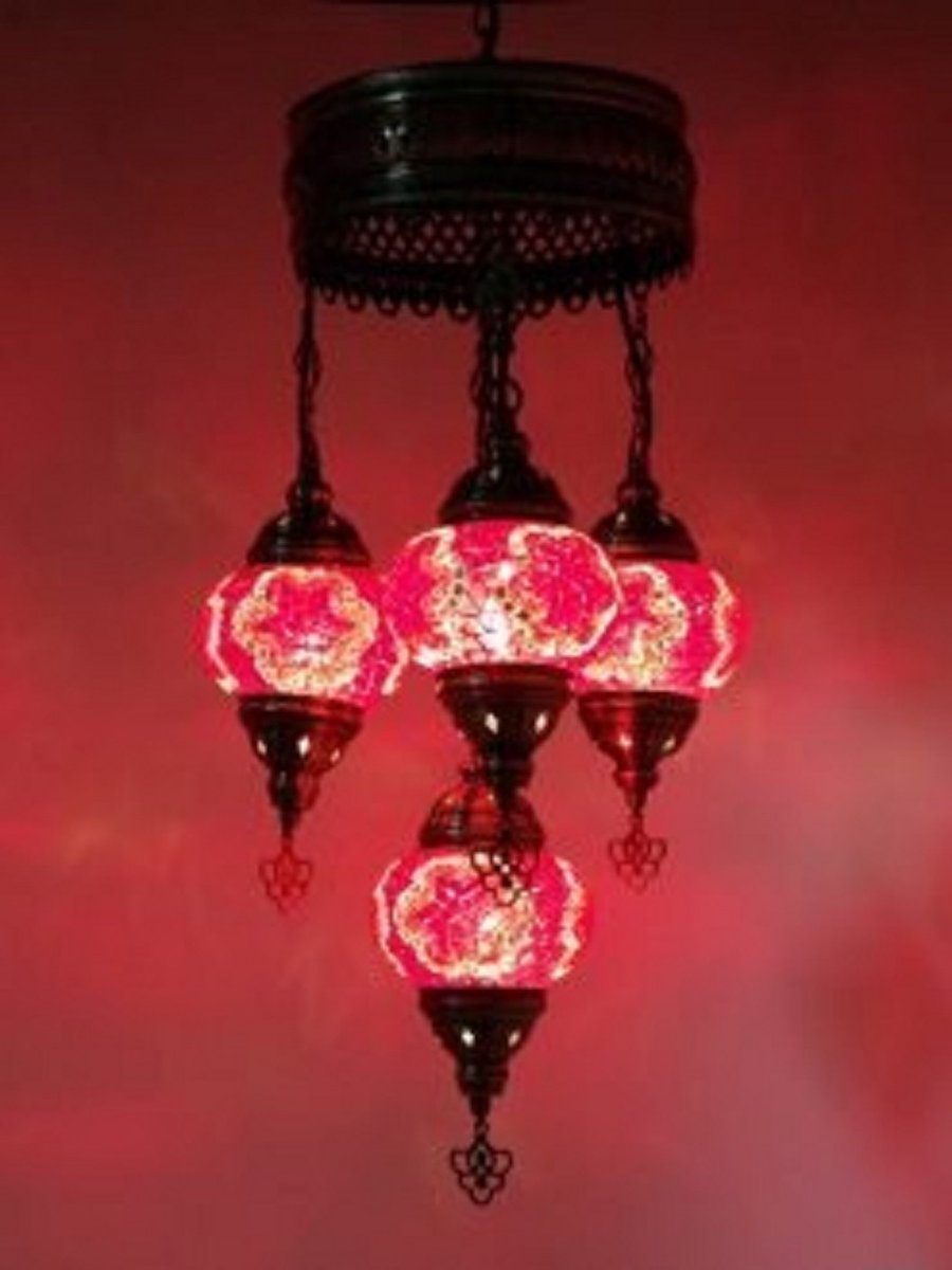 4 globe Mozaïek glas rood-oranje Turkse hanglamp Oosterse kroonluchter